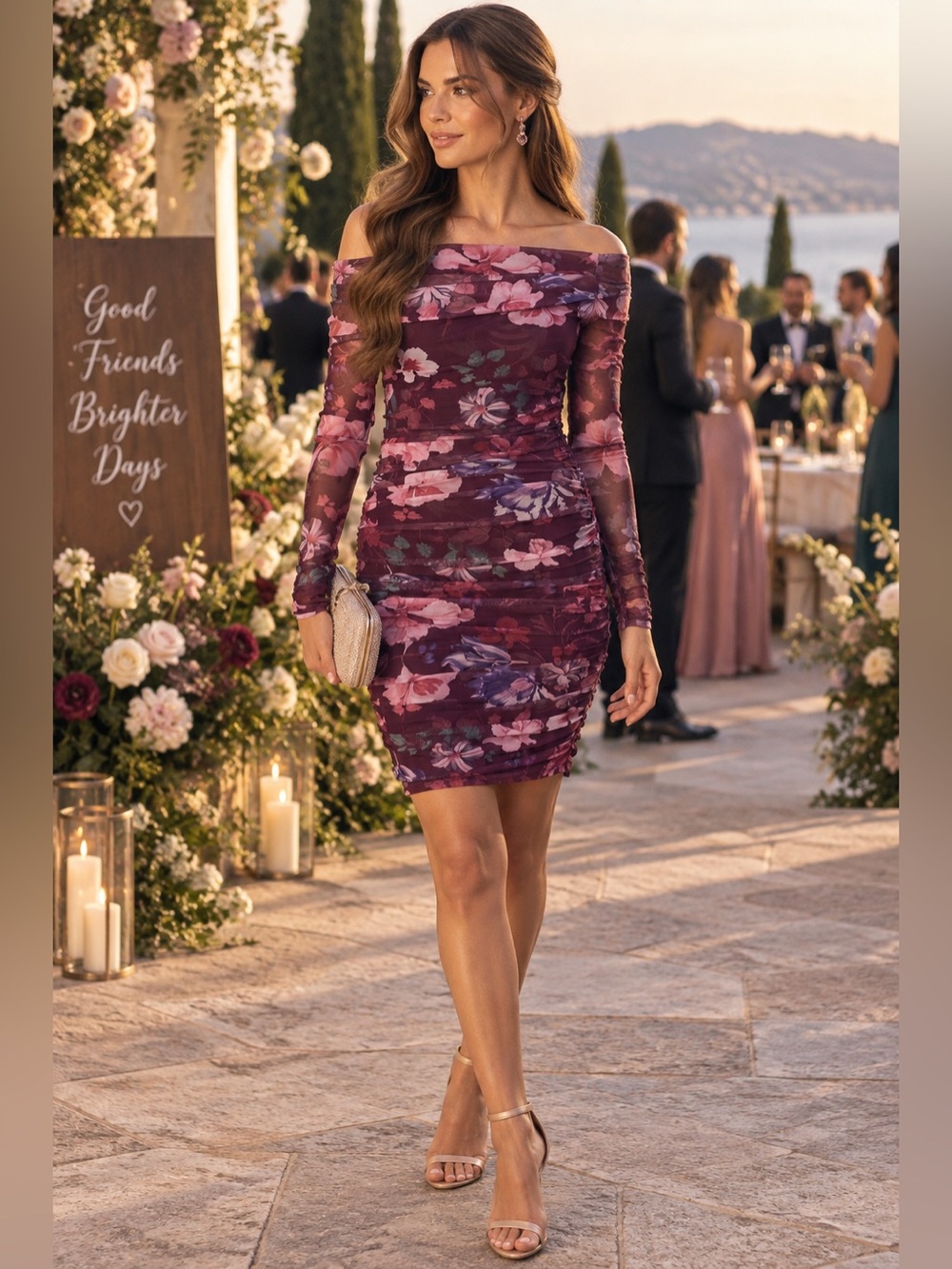 Anthropologie BHLDN Long sleeve Plum Floral Off-Shoulder Mini Dress